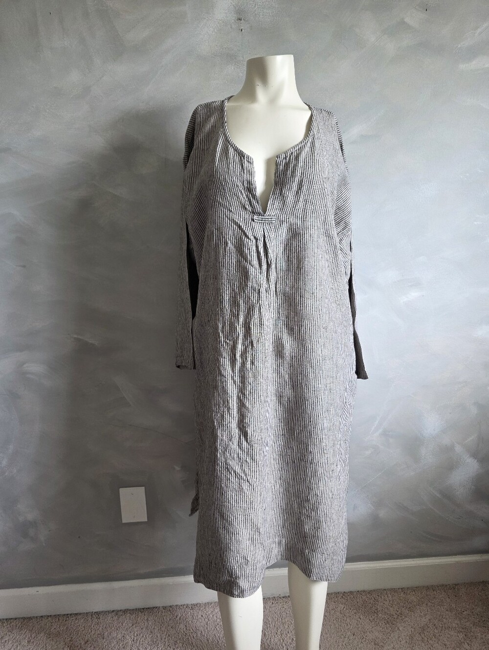 Black Gray Stripe Linen Popover Split V Neck Long Midi Dress Pockets Namsar L/XL